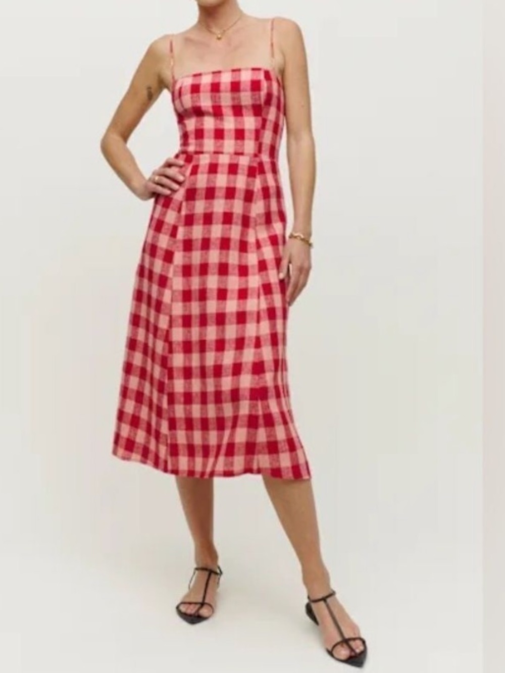 Reformation Christen midi dress size 4 red pink gingham linen - Picture 2 of 9